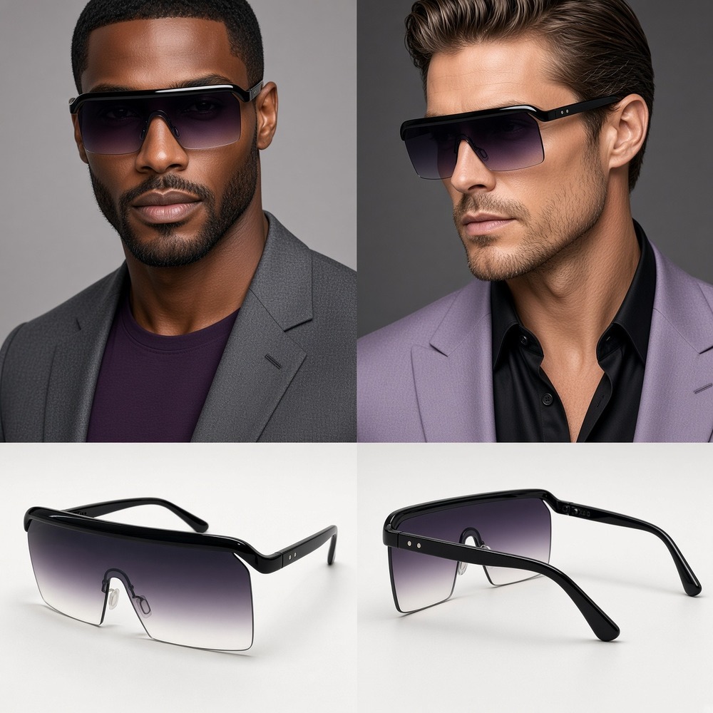 Men Sunglasses Oversized Rimless  One Piece Lens Fashion Shades Black Lens UV400